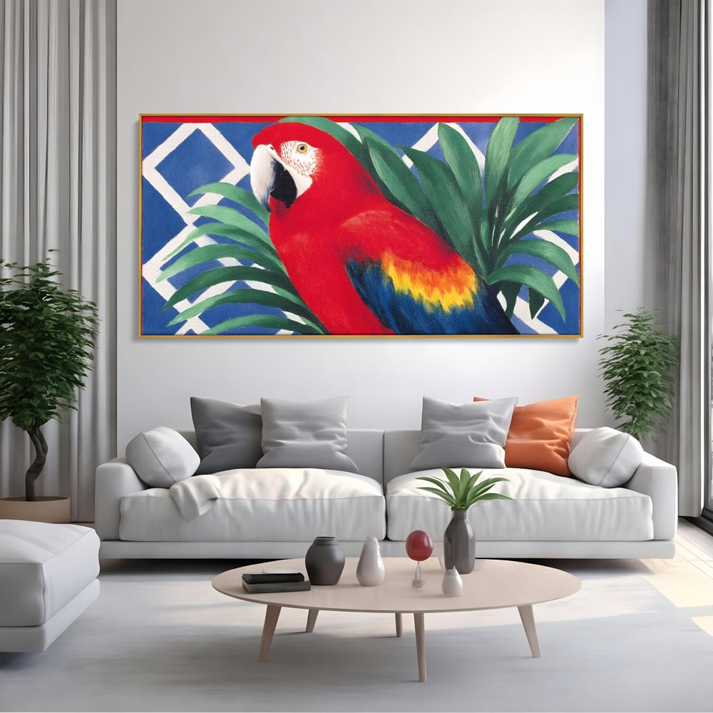 Tablou canvas cu tablou canvas cu papagal rosu, in rama de aluminiu auriu, pe perete intr-un living